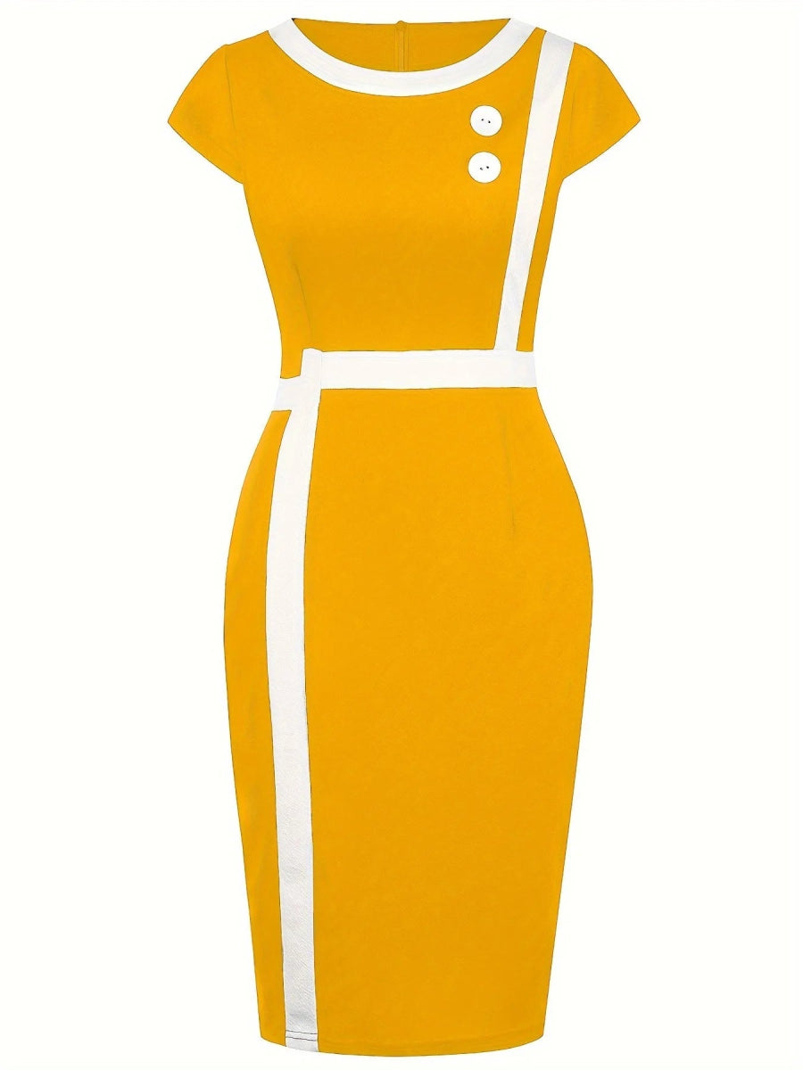Elegant Patchwork Black White Dress Women Summer O - Neck Short Sleeve Slim Office Lady Pencil Bodycon Dresses Party Vestido - Free Delivery Worldwide only at Flexi Africa