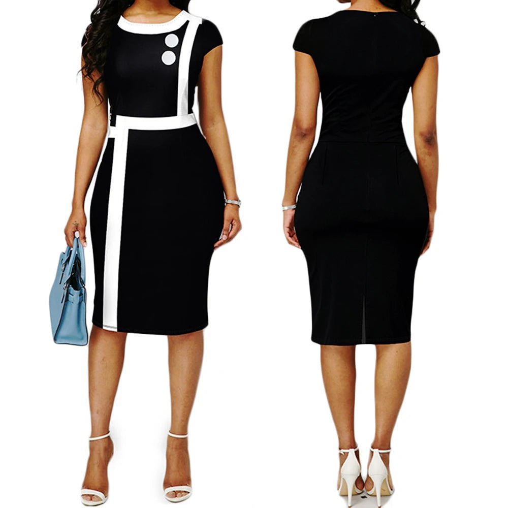 Elegant Patchwork Black White Dress Women Summer O - Neck Short Sleeve Slim Office Lady Pencil Bodycon Dresses Party Vestido - Free Delivery Worldwide only at Flexi Africa