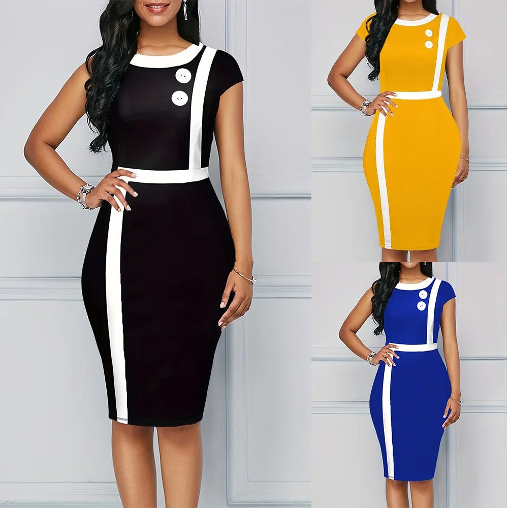 Elegant Patchwork Black White Dress Women Summer O - Neck Short Sleeve Slim Office Lady Pencil Bodycon Dresses Party Vestido - Free Delivery Worldwide only at Flexi Africa