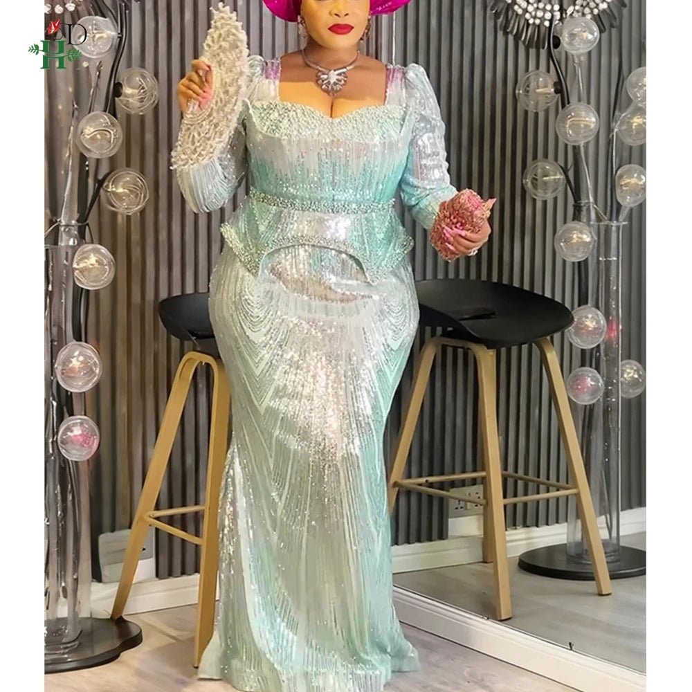 Elegant Plus Size African Party Dress – Dashiki Sequin Wedding Maxi Gown - Free Delivery Worldwide only at Flexi Africa