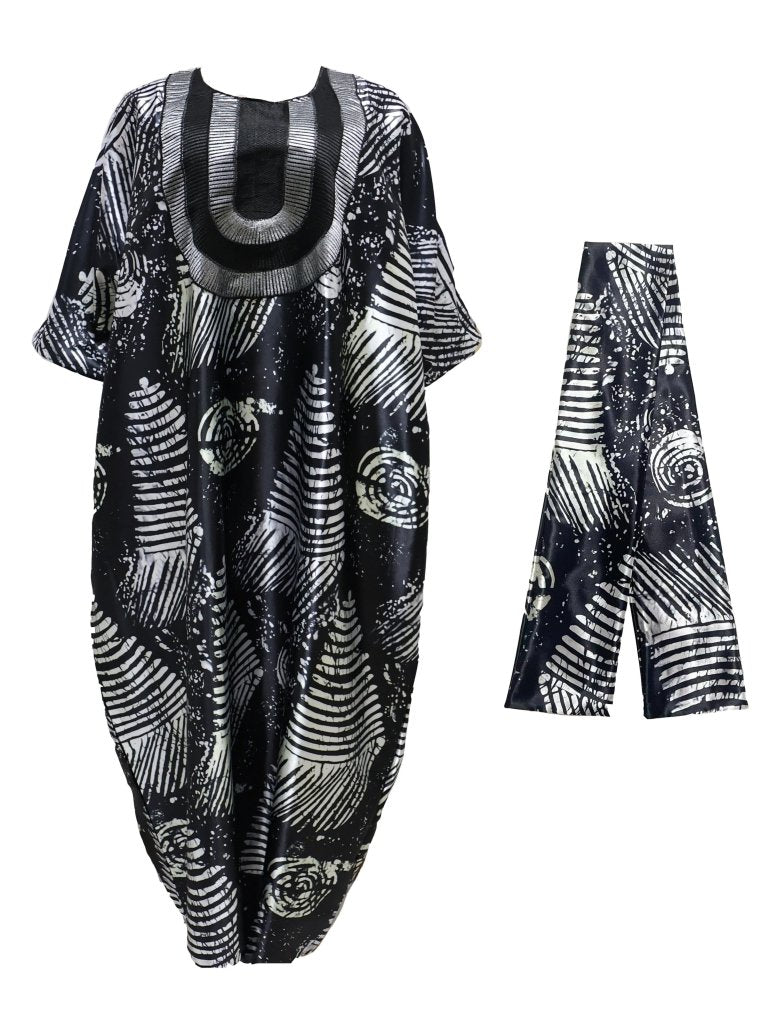 Embroidered Vintage Graphic Print Kaftan Dress, Vintage Crew Neck Loose Maxi Dress With Hijab, Women's Clothing - Free Delivery Worldwide only at Flexi Africa