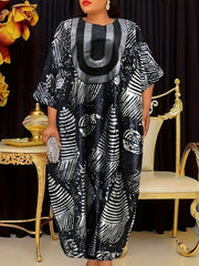 Embroidered Vintage Graphic Print Kaftan Dress, Vintage Crew Neck Loose Maxi Dress With Hijab, Women's Clothing - Free Delivery Worldwide only at Flexi Africa
