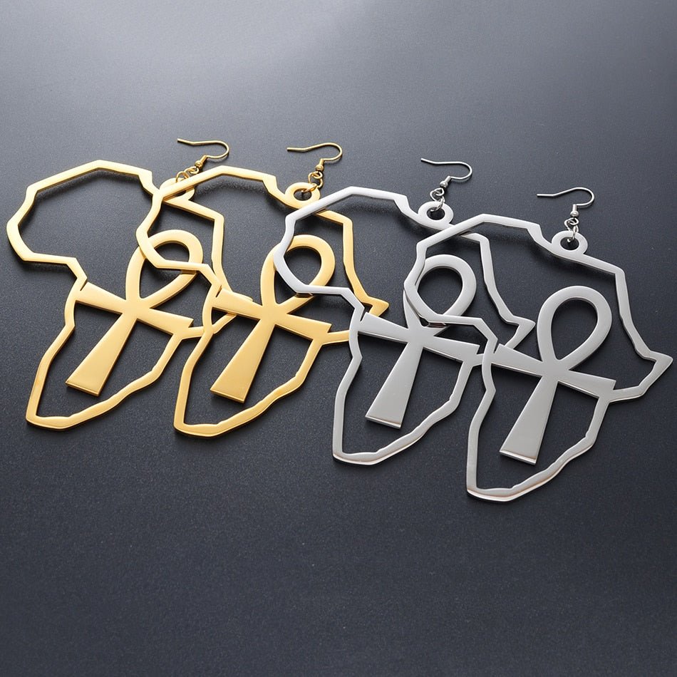 Exaggerated Elegance: African Map Big Ankh Earrings with Traditional Ethnic Style and Symbolism - Free Delivery Worldwide