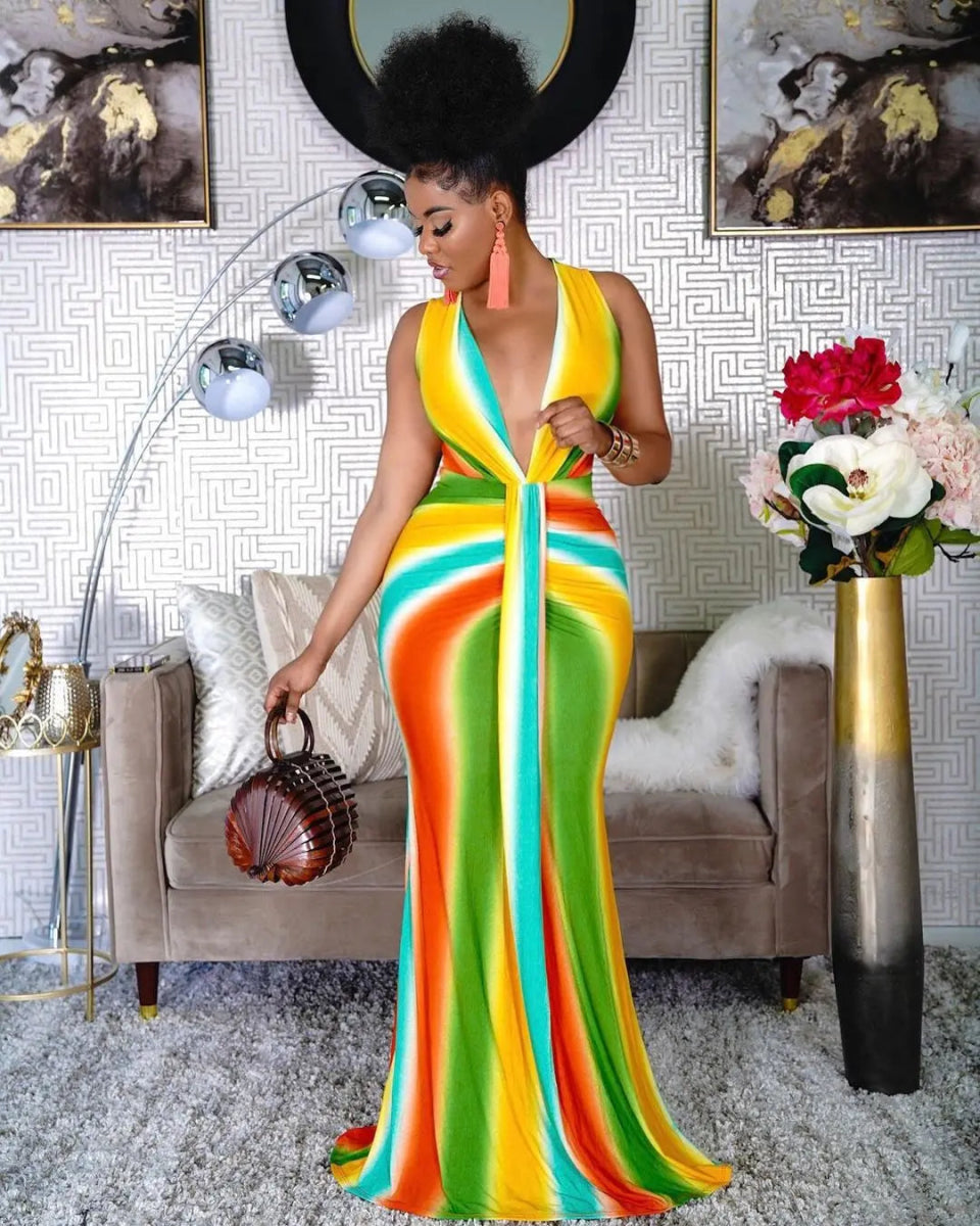 Fashion Print African High Waist V - neck Maxi Dress for Women Elegant Lady Evening Party Dresses Summer Female Sexy Bodycon Gown - Free Delivery Worldwide only at Flexi Africa