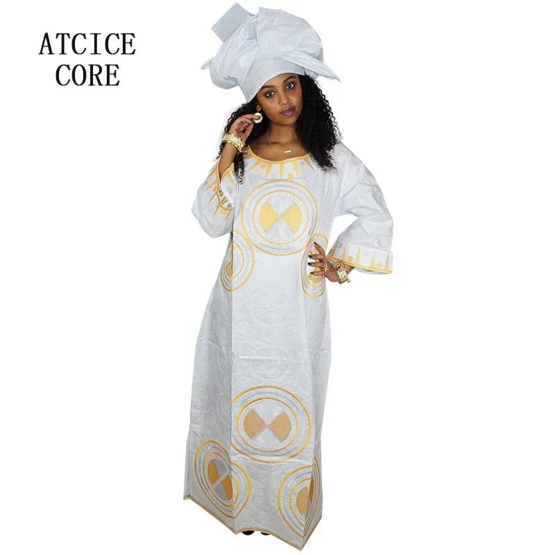 Fashionable African Dresses for Women: Bazin Riche Embroidery Long Dress with Matching Scarf - Free Delivery Worldwide only at Flexi Africa