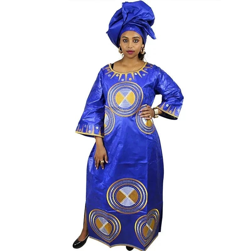 Fashionable African Dresses for Women: Bazin Riche Embroidery Long Dress with Matching Scarf - Free Delivery Worldwide only at Flexi Africa