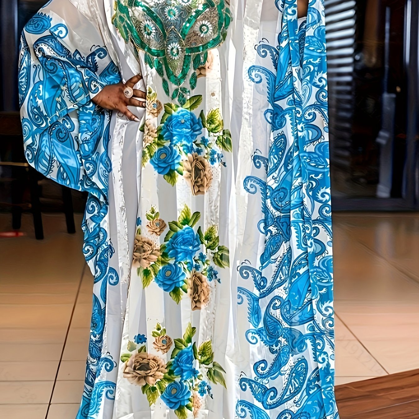 Floral Paisley Print Kaftan Dress, Elegant Ethnic Maxi Loose Kaftan Dress - Free Delivery Worldwide only at Flexi Africa