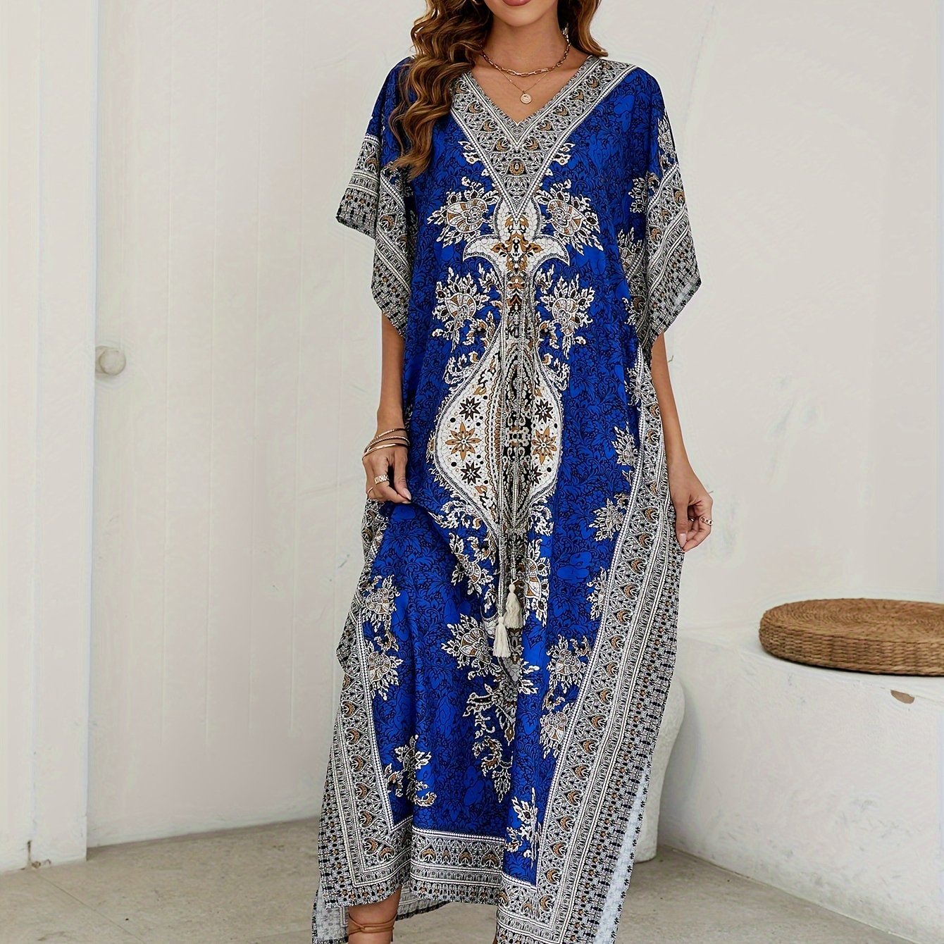 Floral Print V Neck Side Split Cover Up Dress, Batwing Sleeve Boho Maxi Beach Kaftan - Flexi Africa - Free Delivery Worldwide only at www.flexiafrica.com