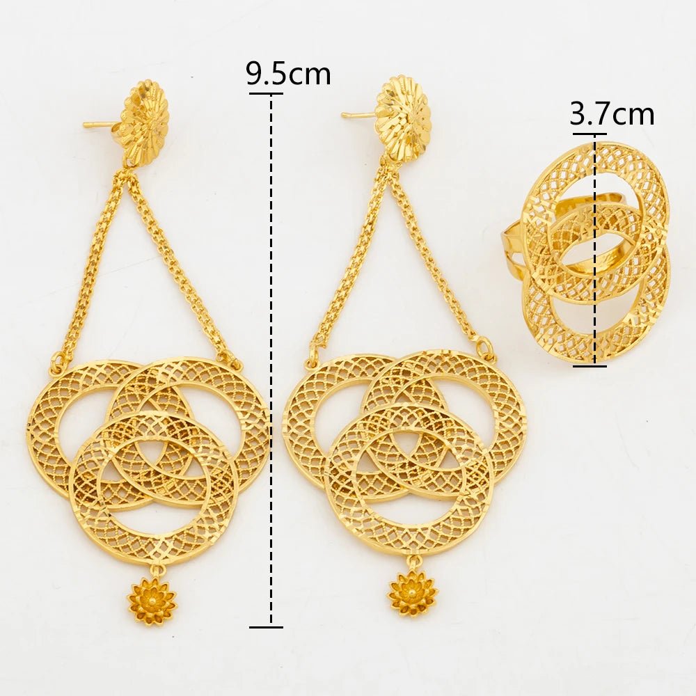 Gold Color Earrings with Ring Set for Women African Dangle Earrings and Ring Jewellery Set for Engagement Gifts - Flexi Africa - Flexi Africa offers Free Delivery Worldwide - Vibrant African traditional clothing showcasing bold prints and intricate designs