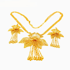 Gold Color Flower Tassel Necklace & Earrings Set: Elegant Ethiopian Bridal Jewelry for Women - Free Delivery Worldwide only at Flexi Africa