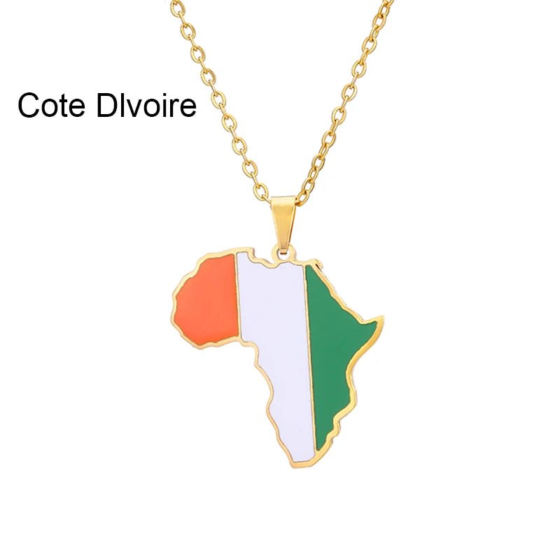 Gold Stainless Steel Africa Map Flag Pendant Necklace African Countries - Flexi Africa - Flexi Africa offers Free Delivery Worldwide - Vibrant African traditional clothing showcasing bold prints and intricate designs