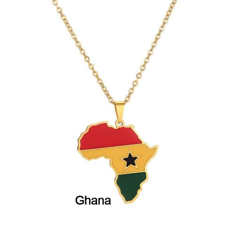 Gold Stainless Steel Africa Map Flag Pendant Necklace African Countries - Flexi Africa - Flexi Africa offers Free Delivery Worldwide - Vibrant African traditional clothing showcasing bold prints and intricate designs