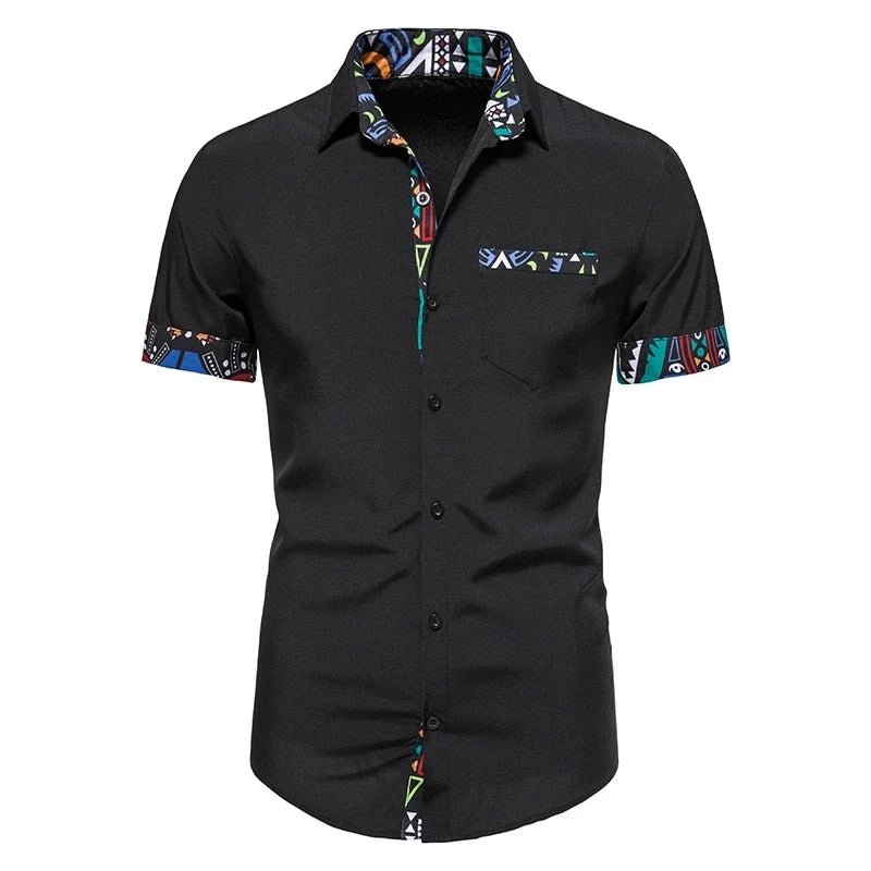 Inspired Patchwork Print Men's Shirt: Short Sleeve Design with Unique Collar - Elevate Your Wardrobe with African Style - Flexi Africa - Flexi Africa offers Free Delivery Worldwide - Vibrant African traditional clothing showcasing bold prints and intricate designs