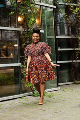 Lanre Brown Ankara High Neck Dress: Elegant African-Inspired Attire (Hand Made in Nigeria) - Flexi Africa - Flexi Africa offers Free Delivery Worldwide - Vibrant African traditional clothing showcasing bold prints and intricate designs