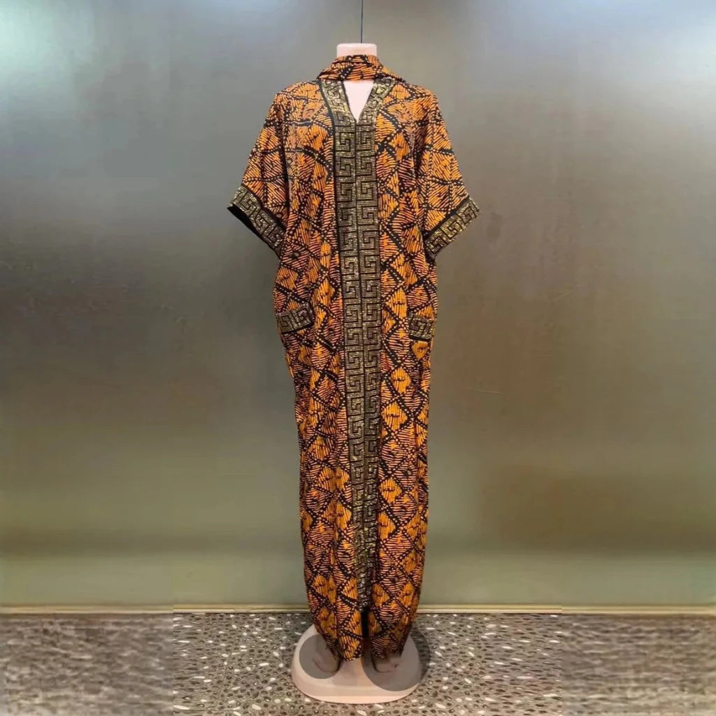 Luxury African Print Bubu Dress – V - Neck Loose Evening Gown with Rhinestone Pocket - Free Delivery Worldwide only at Flexi Africa