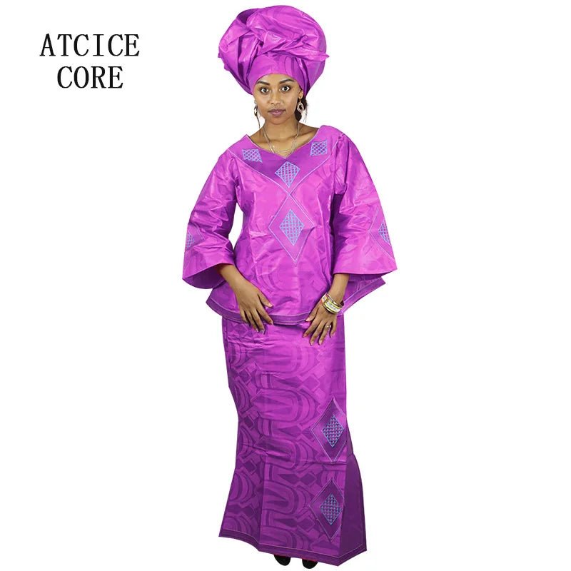 Luxury Bazin Riche African Dress for Women – Embroidered Maxi Gown with Headtie - Free Delivery Worldwide only at Flexi Africa