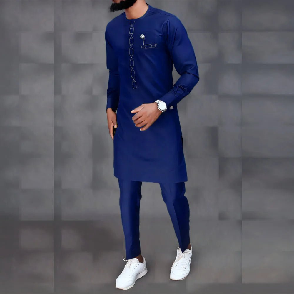 Men's African 2PC Outfit – Long - Sleeve O - Neck Top & Pants, Stylish Spring Fashion Suit - Free Delivery Worldwide only at Flexi Africa