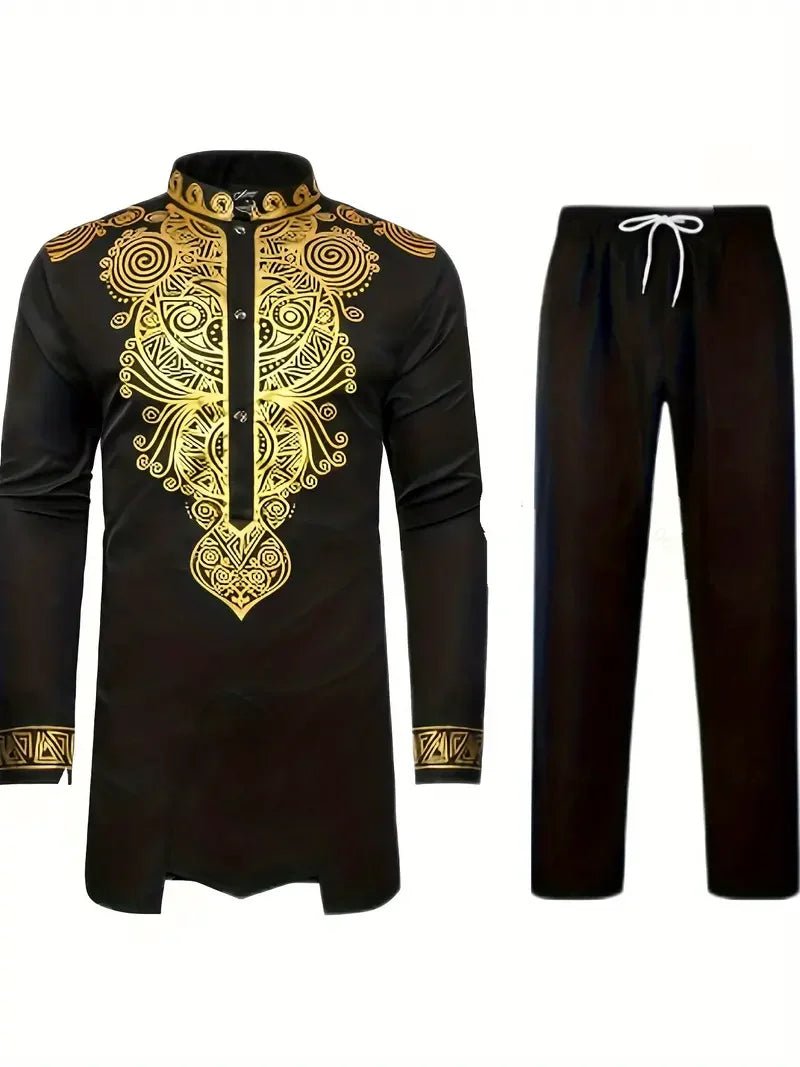 Mens' African Traditional Cotton Suit: 2PC Dashiki Set with Long Sleeve Gold Print Shirt and Pants - Flexi Africa - Flexi Africa offers Free Delivery Worldwide - Vibrant African traditional clothing showcasing bold prints and intricate designs