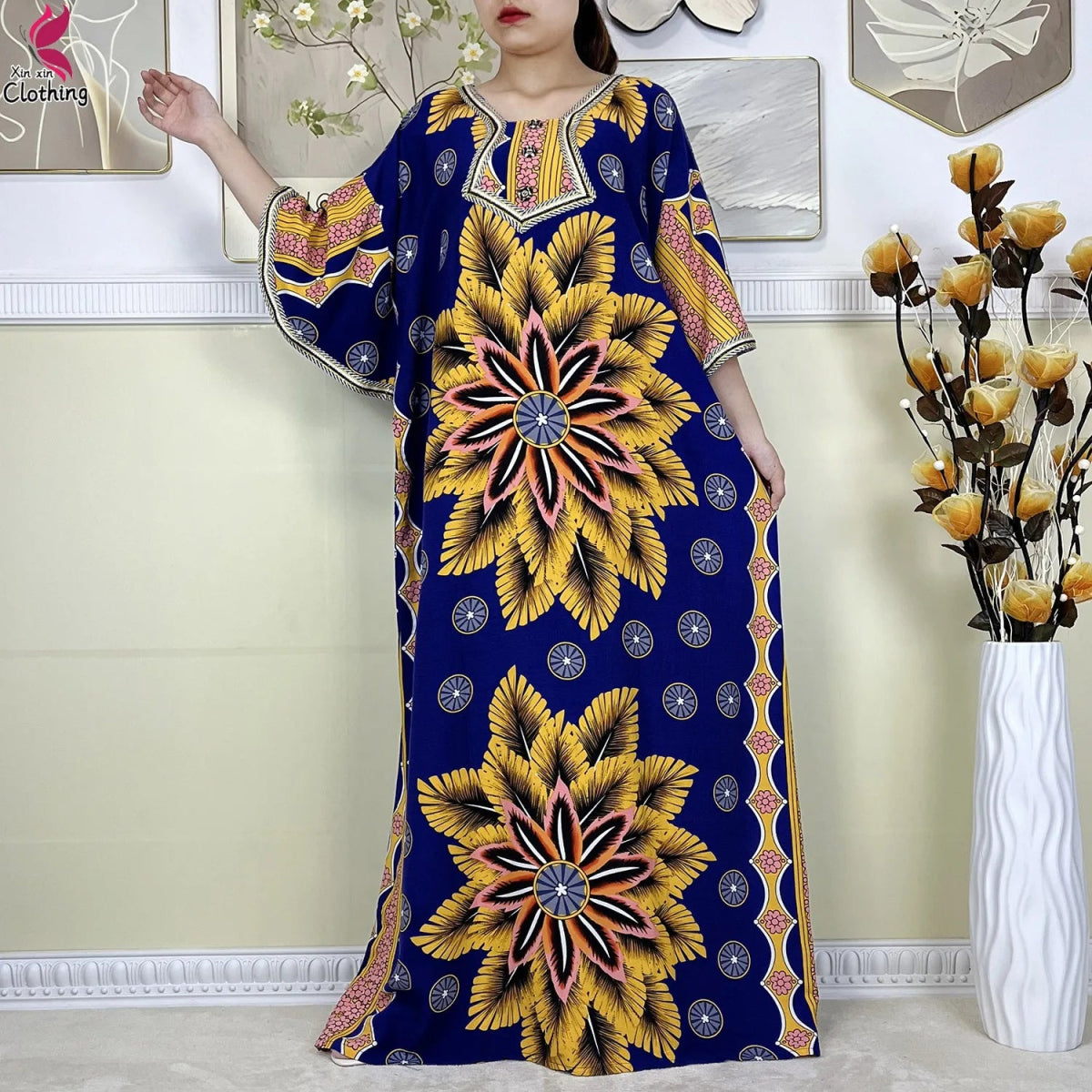 New Style High Quality Muslim Abayas For Women Dress 100%Cotton Dubai Fashion Pocket Printed African Dashiki Femme Loose Dress - Free Delivery Worldwide only at Flexi Africa