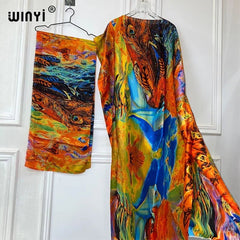 NEW WINYI african woman dresses Long Dress with belt Women Oil painting print kaftan Casual Elegant Holiday Bohemian party dress - Free Delivery Worldwide only at Flexi Africa