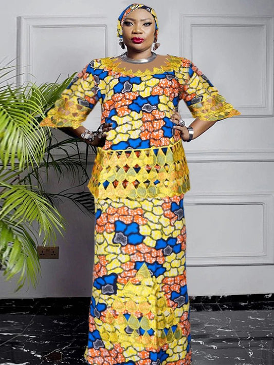 Plus Size African Dashiki Print Dress for Women - Traditional Wax Print 2PC Set - Free Delivery Worldwide only at Flexi Africa