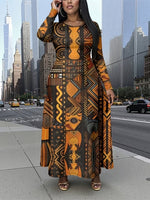 Plus Size African Tribal Print Maxi Dress – Long Sleeve A - Line Fit - Free Delivery Worldwide only at Flexi Africa