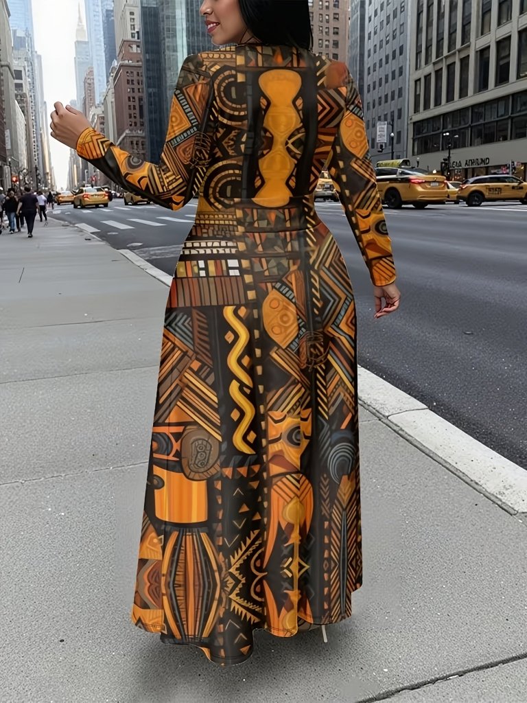 Plus Size African Tribal Print Maxi Dress – Long Sleeve A - Line Fit - Free Delivery Worldwide only at Flexi Africa
