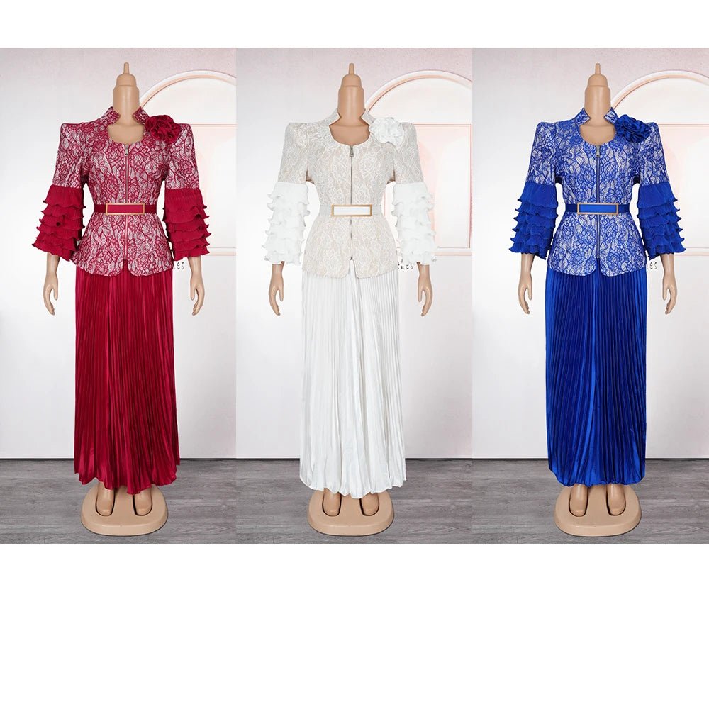 Plus Size African Wedding Outfit – Red Lace Top & Elegant Pleated Maxi Skirt Set - Free Delivery Worldwide only at Flexi Africa