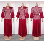 Plus Size African Wedding Outfit – Red Lace Top & Elegant Pleated Maxi Skirt Set - Free Delivery Worldwide only at Flexi Africa