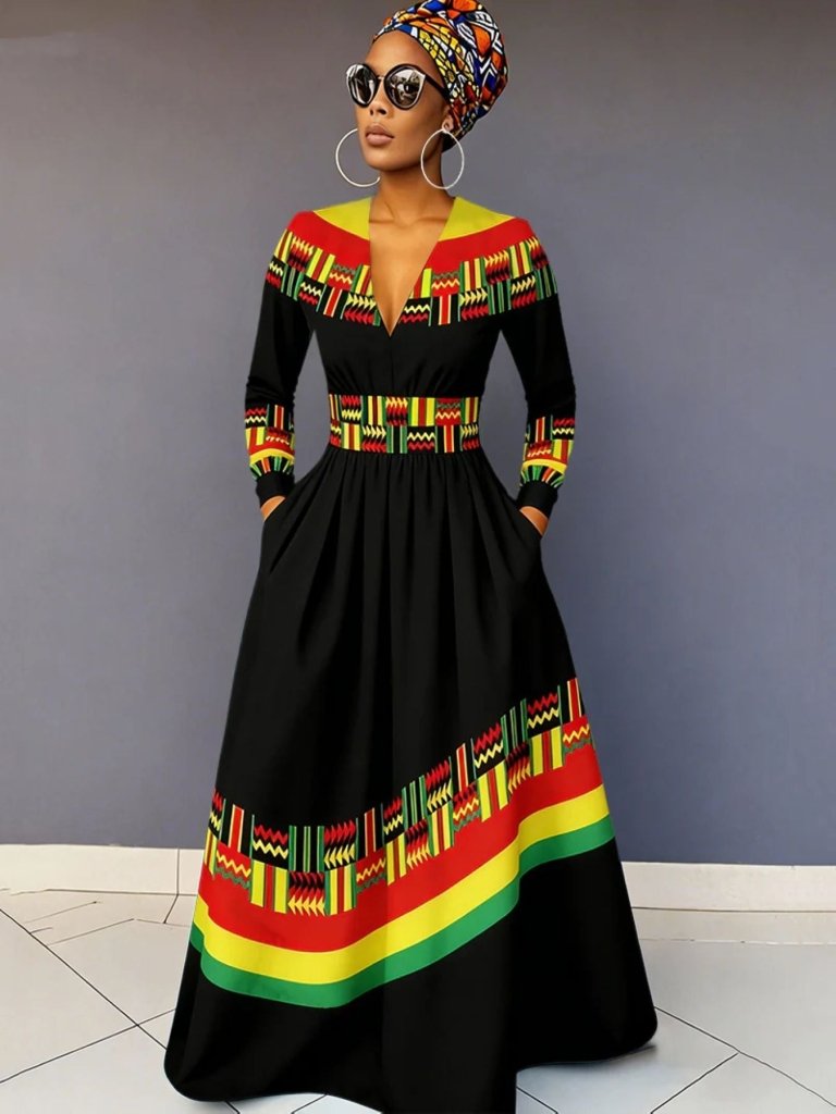 Plus Size Bohemian V - Neck Hooded A - Line Midi Dress – African Egyptian Tribal Geometric Print - Free Delivery Worldwide only at Flexi Africa