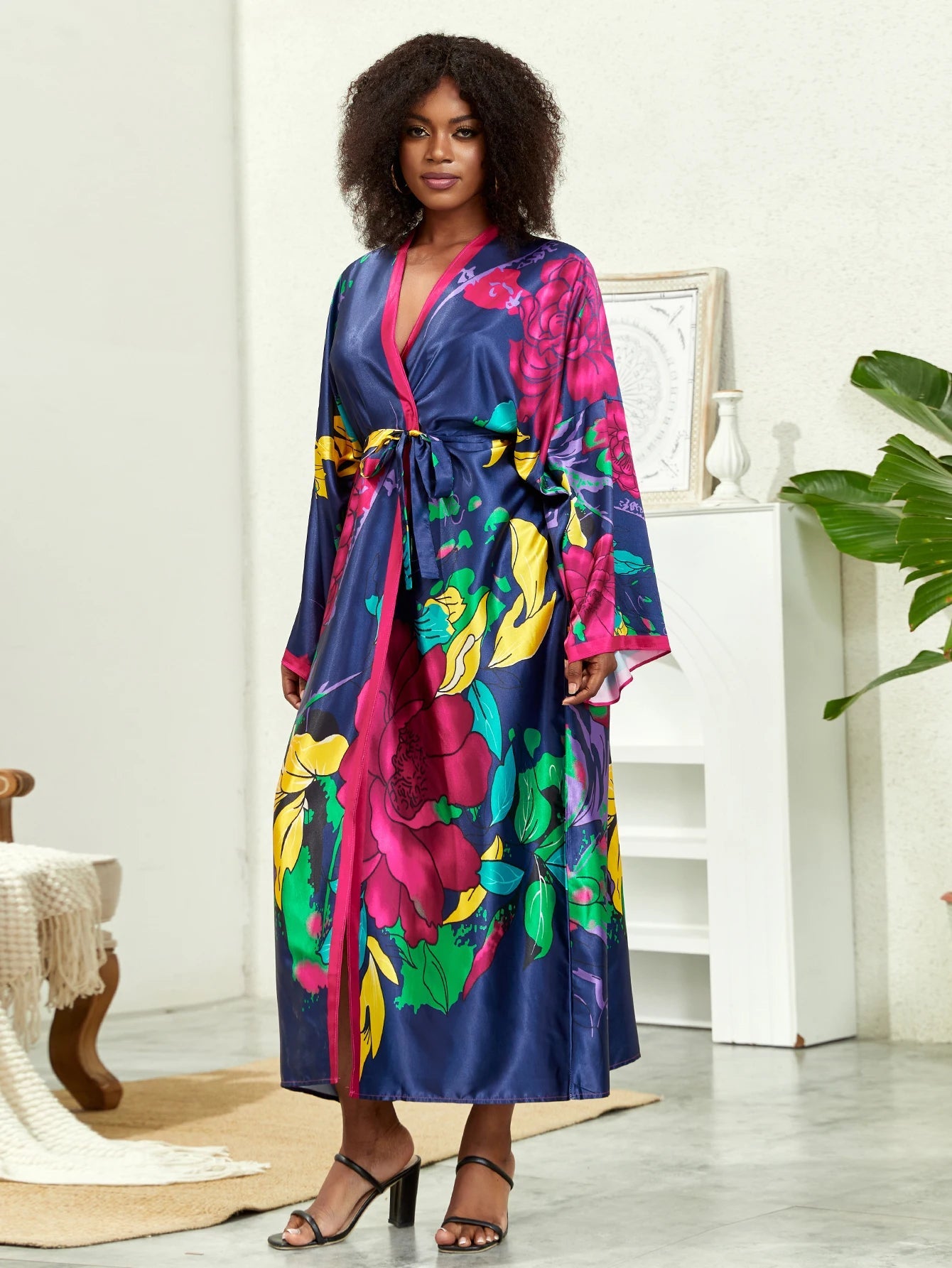Plus Size Boho Kimono, Women's Plus Lotus Print Contrast Binding Long Sleeve Open Front Belted Kimono Cover Up - Flexi Africa - Free Delivery Worldwide only at www.flexiafrica.com