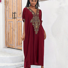 Plus Size Boho Maxi Dress for Ramadan, Women's V Neck Geometric Print Kaftan with Batwing Sleeves - Free Delivery Worldwide only at Flexi Africa