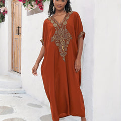 Plus Size Boho Maxi Dress for Ramadan, Women's V Neck Geometric Print Kaftan with Batwing Sleeves - Free Delivery Worldwide only at Flexi Africa