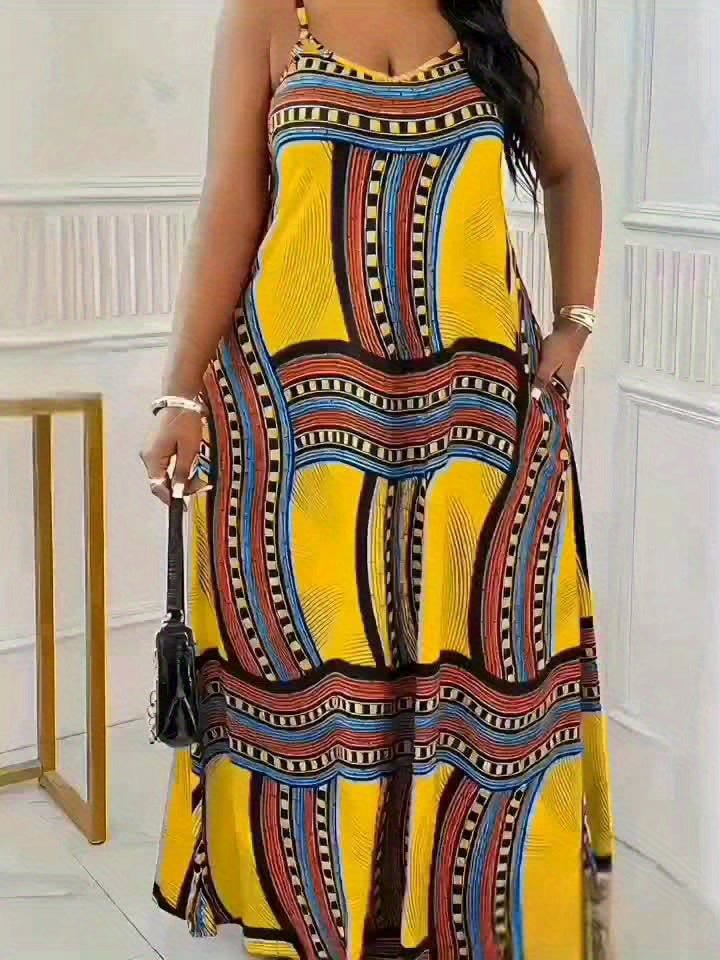 Plus Size Elegant Printed Maxi Dress with Straps & Pockets – Spring Summer Style - Free Delivery Worldwide only at Flexi Africa