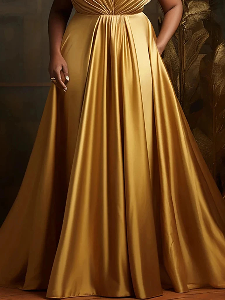 Plus Size Formal Evening Satin Dress Elegant Tierred V - Neck Sleeveless Gold Luxury High Waist A - Line Party Wedding Maxi Dresses - Free Delivery Worldwide only at Flexi Africa
