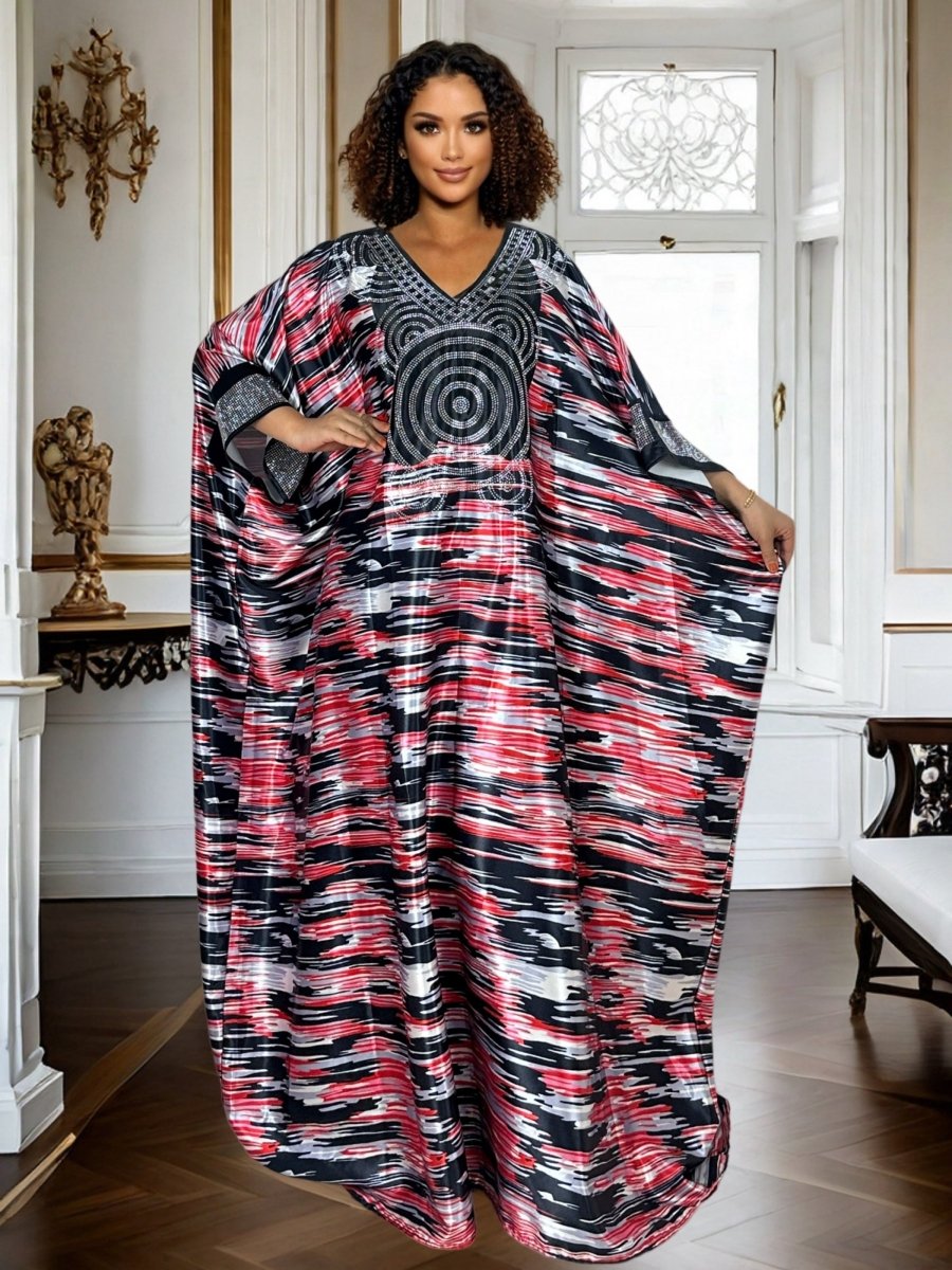 Plus Size Geometric Print Maxi Kaftan Long Sleeve, Rhinestone Detail, Glossy Finish - Free Delivery Worldwide only