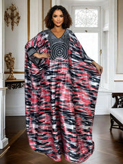 Plus Size Geometric Print Maxi Kaftan Long Sleeve, Rhinestone Detail, Glossy Finish - Free Delivery Worldwide only