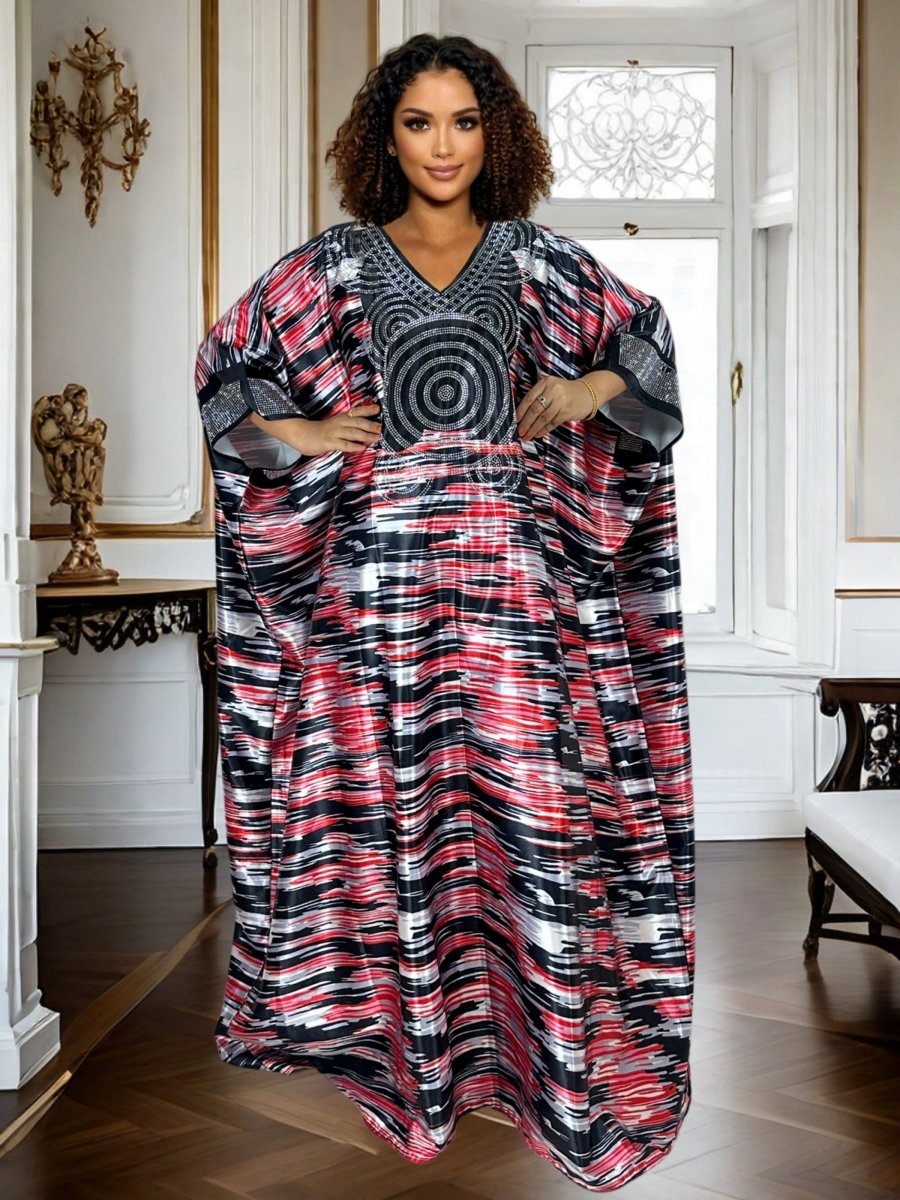 Plus Size Geometric Print Maxi Kaftan Long Sleeve, Rhinestone Detail, Glossy Finish - Free Delivery Worldwide only