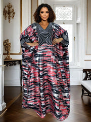 Plus Size Geometric Print Maxi Kaftan Long Sleeve, Rhinestone Detail, Glossy Finish - Free Delivery Worldwide only