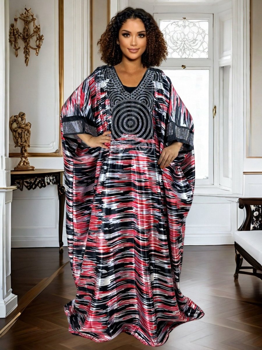 Plus Size Geometric Print Maxi Kaftan Long Sleeve, Rhinestone Detail, Glossy Finish - Free Delivery Worldwide only
