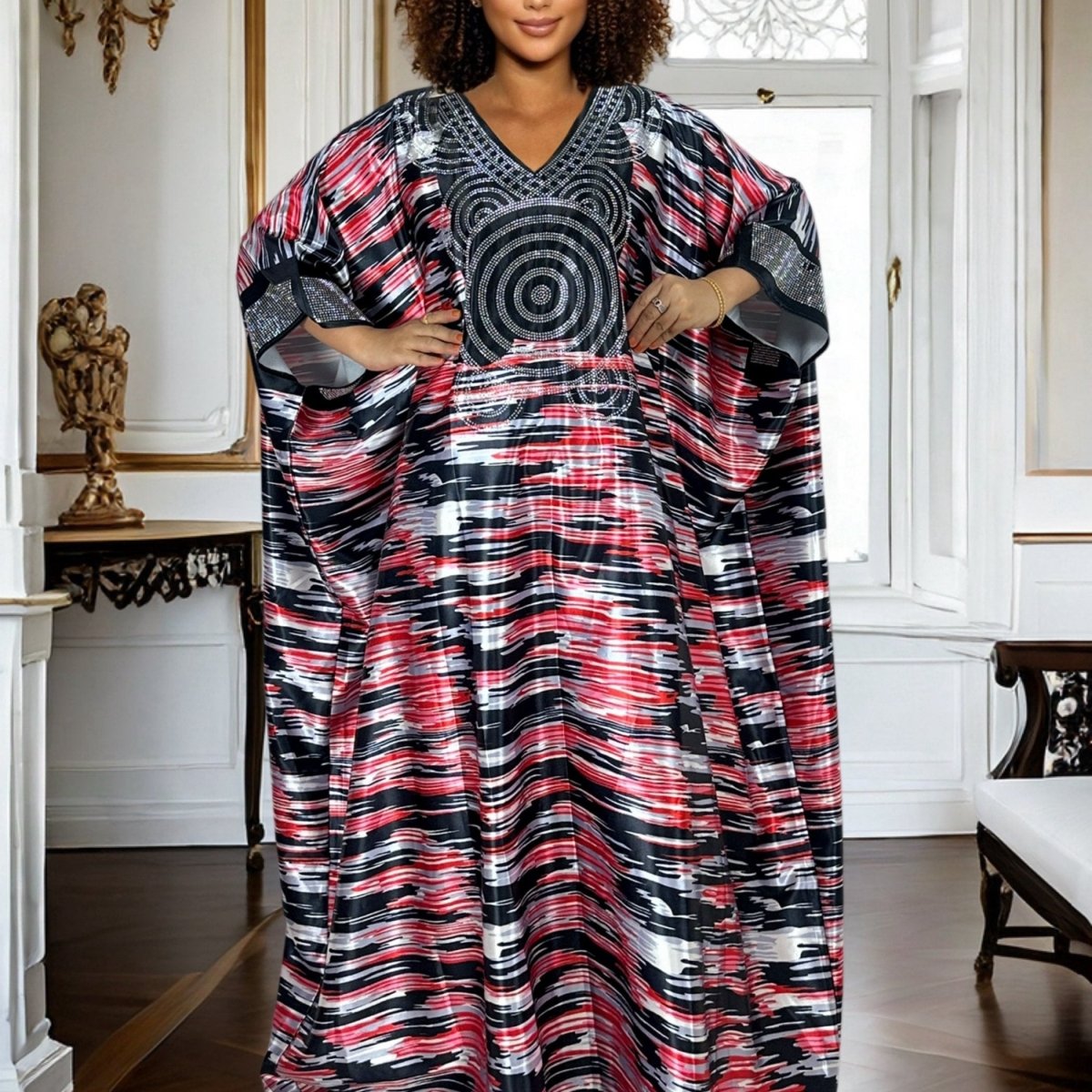 Plus Size Geometric Print Maxi Kaftan Long Sleeve, Rhinestone Detail, Glossy Finish - Free Delivery Worldwide only