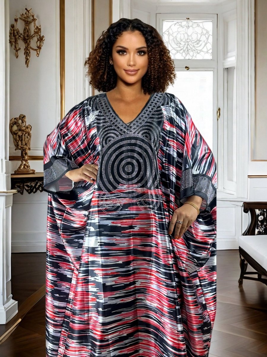 Plus Size Geometric Print Maxi Kaftan Long Sleeve, Rhinestone Detail, Glossy Finish - Free Delivery Worldwide only