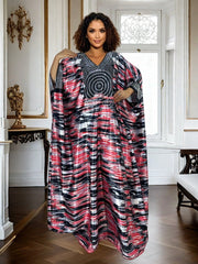 Plus Size Geometric Print Maxi Kaftan Long Sleeve, Rhinestone Detail, Glossy Finish - Free Delivery Worldwide only