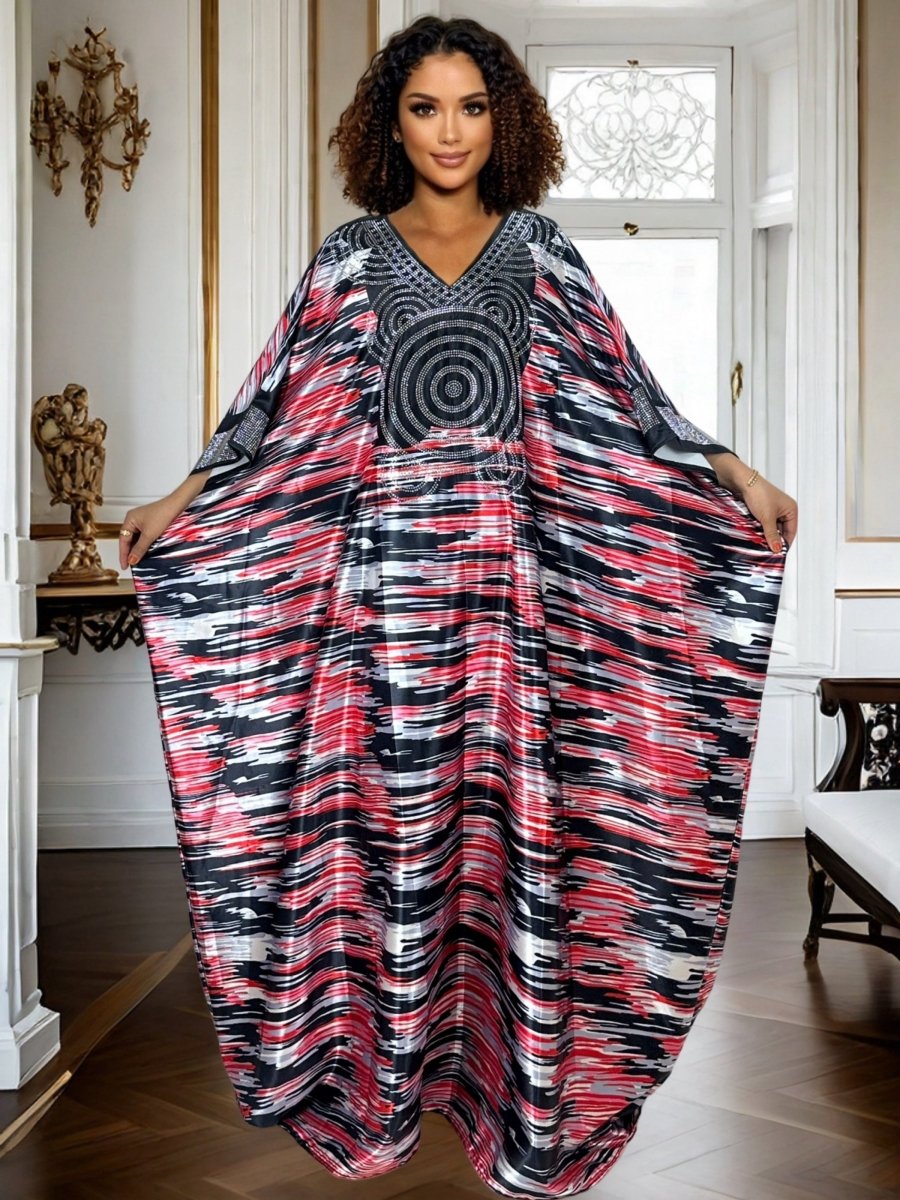 Plus Size Geometric Print Maxi Kaftan Long Sleeve, Rhinestone Detail, Glossy Finish - Free Delivery Worldwide only