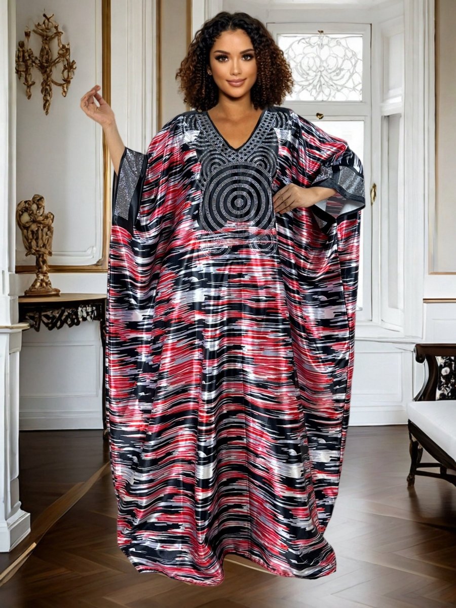 Plus Size Geometric Print Maxi Kaftan Long Sleeve, Rhinestone Detail, Glossy Finish - Free Delivery Worldwide only