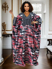 Plus Size Geometric Print Maxi Kaftan Long Sleeve, Rhinestone Detail, Glossy Finish - Free Delivery Worldwide only