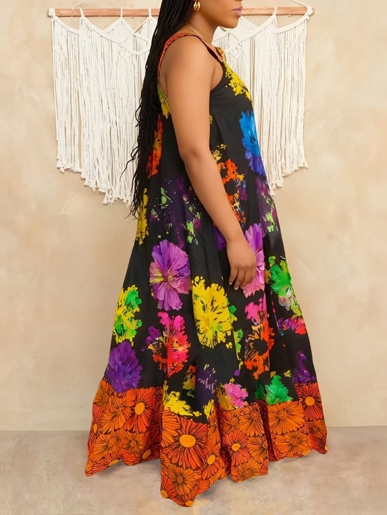 Plus Size Geometric Print Sleeveless Tunic Dress – Square Neck Loose Casual Spring & Fall Fashion - Free Delivery Worldwide only at Flexi Africa