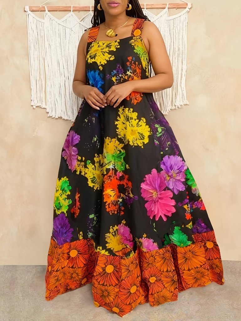 Plus Size Geometric Print Sleeveless Tunic Dress – Square Neck Loose Casual Spring & Fall Fashion - Free Delivery Worldwide only at Flexi Africa