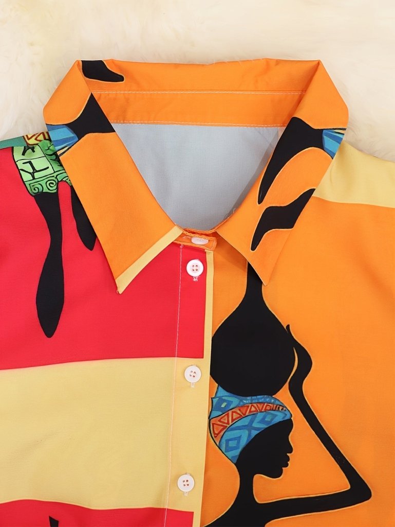 Plus Size Portrait Print Shirt Dress – Loose Fit Long Sleeve Casual Resort Wear - Free Delivery Worldwide only at Flexi Africa