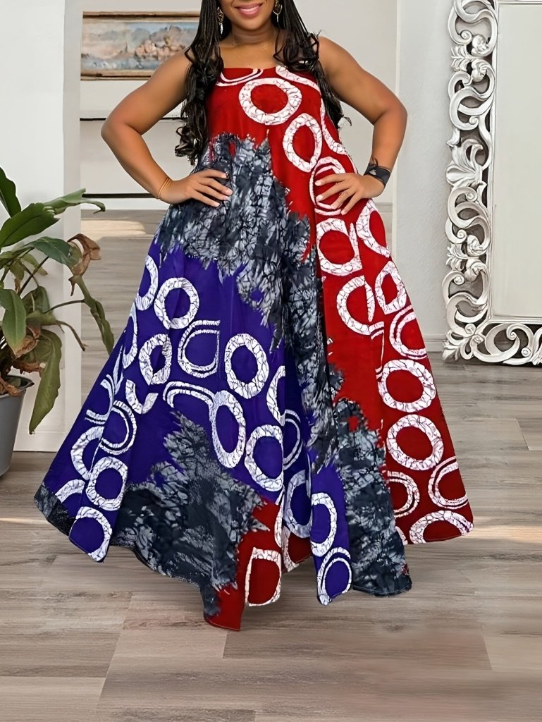 Plus Size Sleeveless African - Inspired Geometric Maxi Dress – Flowy A - Line Floor - Length Style - Free Delivery Worldwide only at Flexi Africa